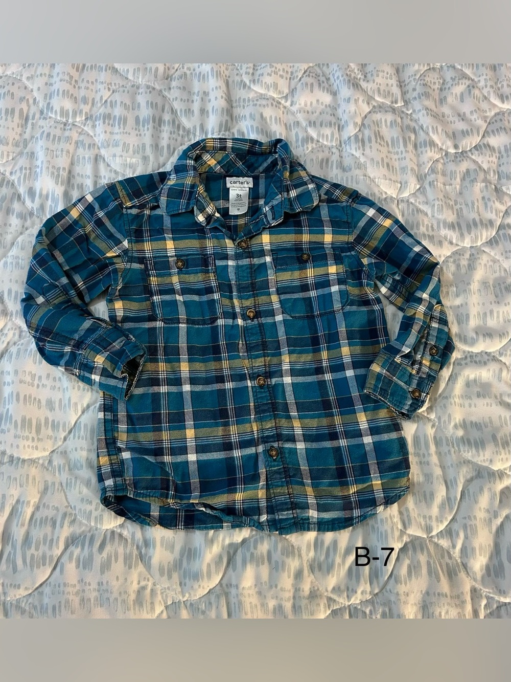 Carter’s Toddler Boys 3T Teal Blue Plaid Flannel Button-Down Shirt